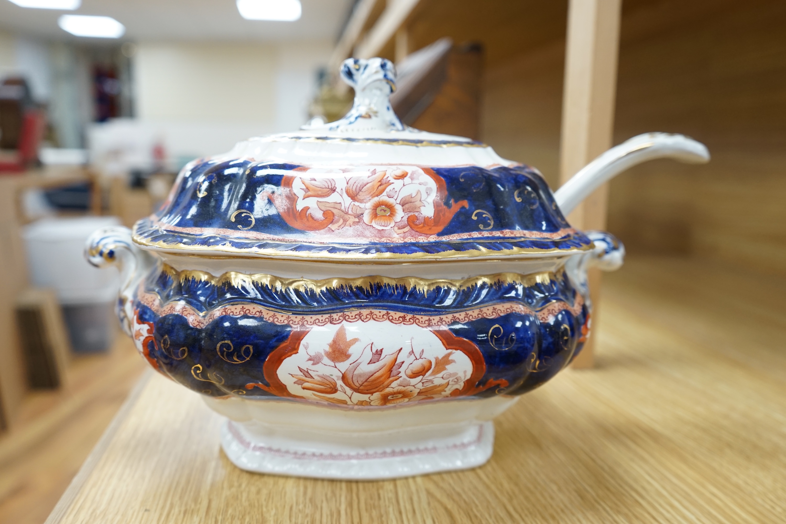 A Victorian Booths pottery iron red, blue and gilt soup tureen, cover, stand and ladle. Condition - good